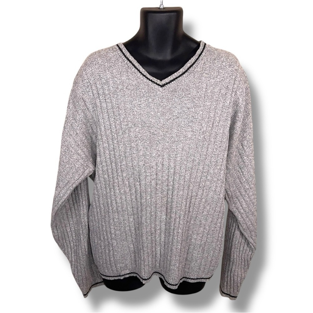 XL Vintage Bill Blass Grey Sweater Vneck Academia Knit Trim Preppy Cotton